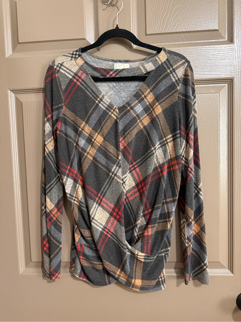 Plaid V-Neck Twist-Front Long Sleeve Top - Gray with Red & Beige Plaid